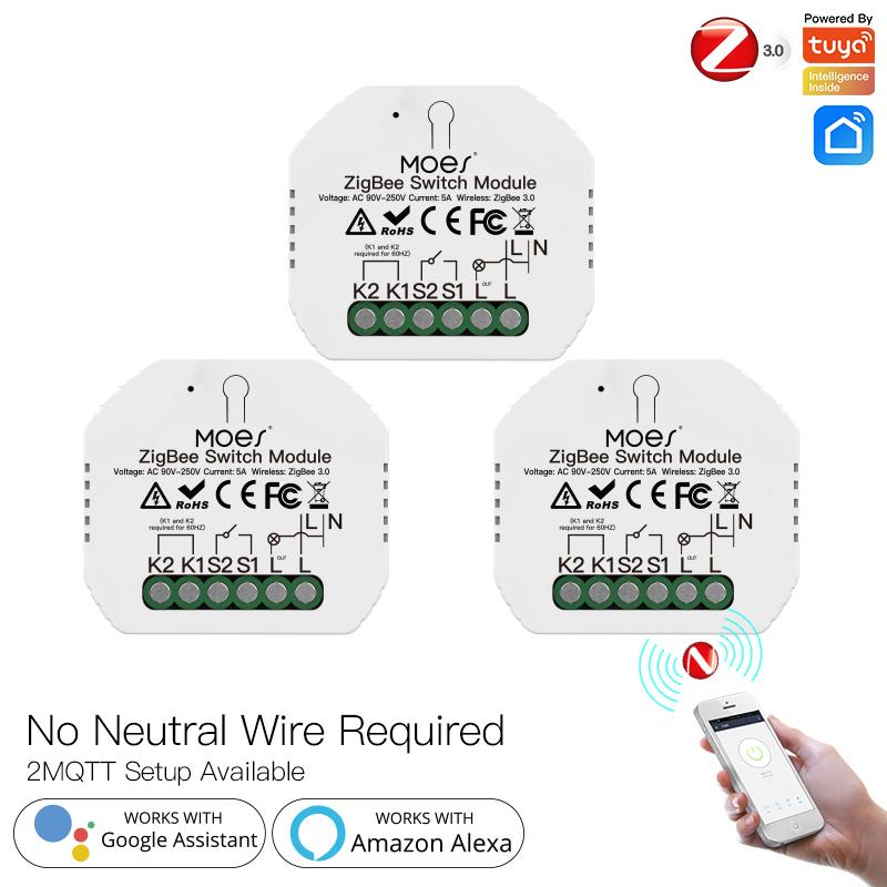 ZigBee Smart Light Switch Module Tuya No Neutral Wire 2 Way Required 2MQTT Relay