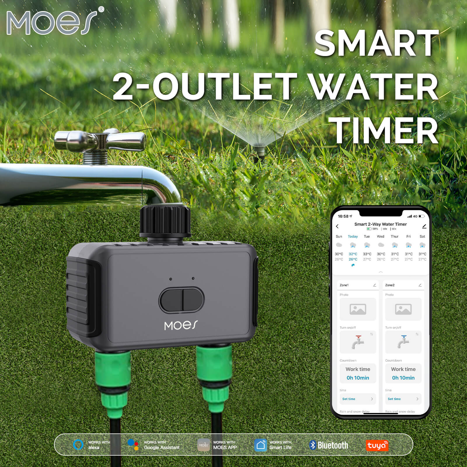 Bluetooth Timer, Smart Sprinkler Water Timer with 2 Outlet