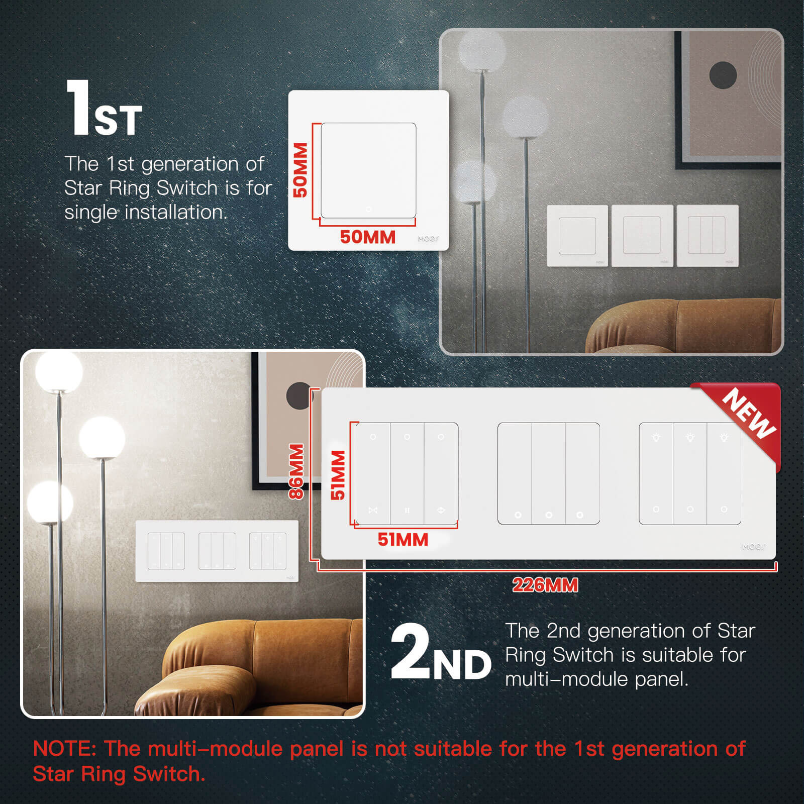 MOES 2nd Star Ring Smart ZigBee3.0 Push Button Light Switch Embedded Touch Switch & 2-4Gang Panel EU