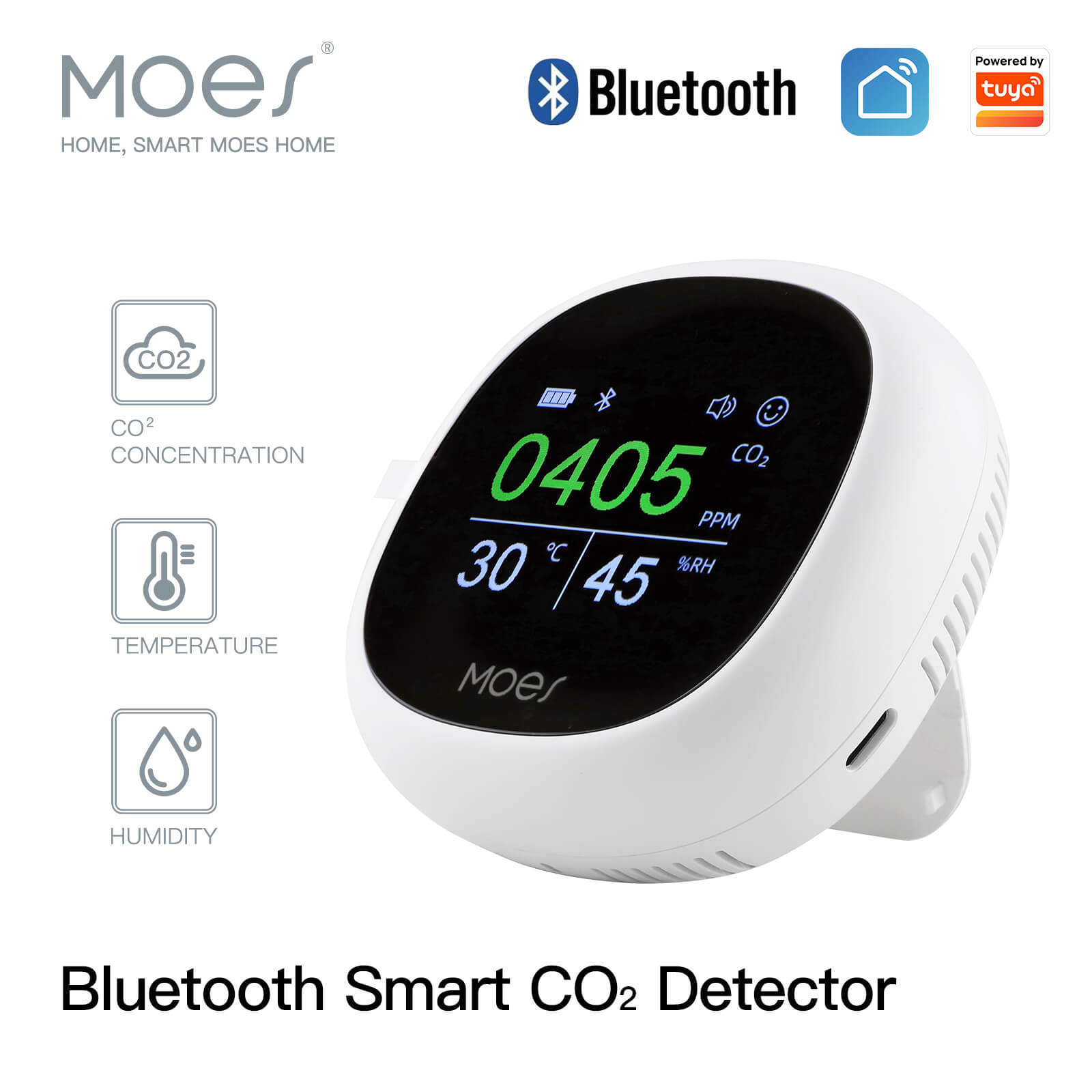 MOES Bluetooth Smart Carbon Dioxide Tester Portable CO2 Temp Humi Air Quality Monitor