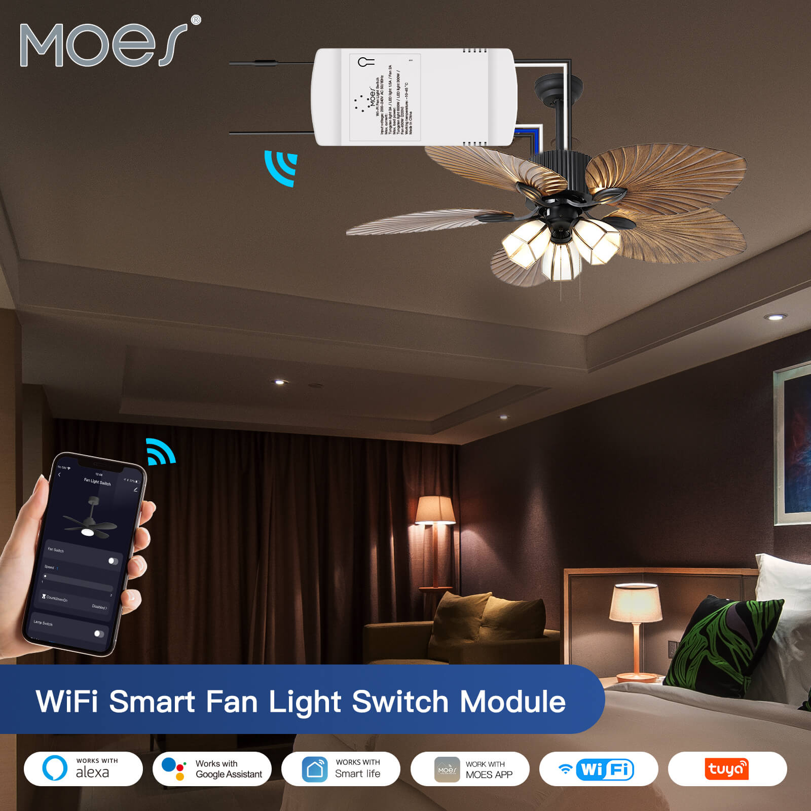 MOES WiFi RF Smart Ceiling Fan Light Switch Module + Remote Controller Alexa APP 220V