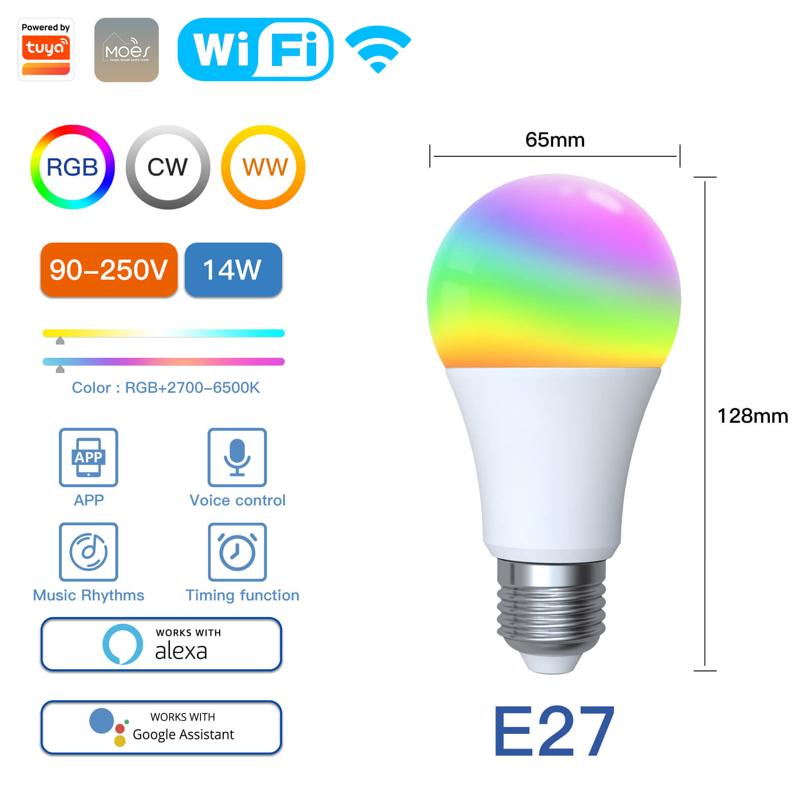 MOES WiFi Smart LED Light Bulb Dimmable Lamp 14W RGB E27 Color Changeable 2700K-6500K