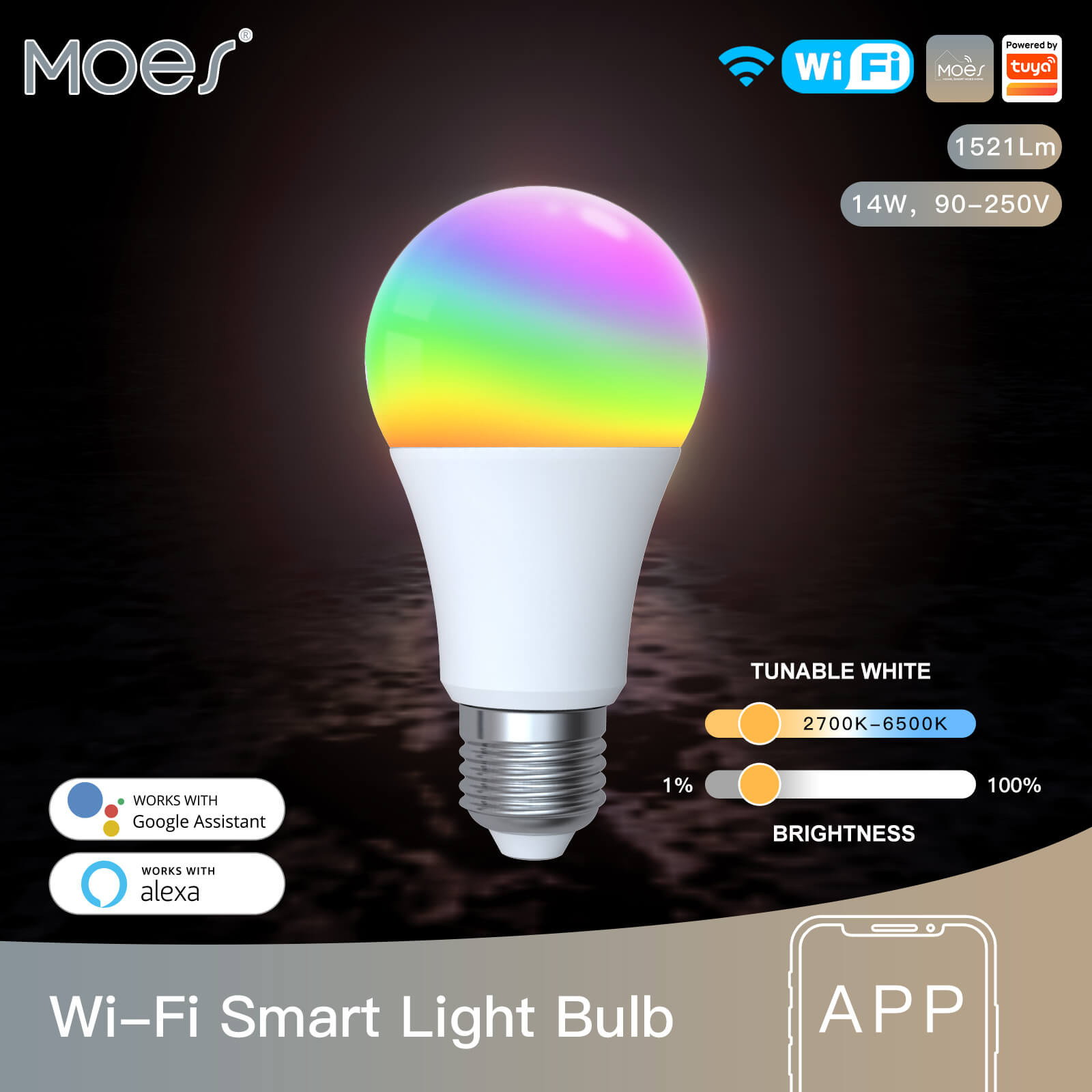 MOES WiFi Smart LED Light Bulb Dimmable Lamp 14W RGB E27 Color Changeable 2700K-6500K