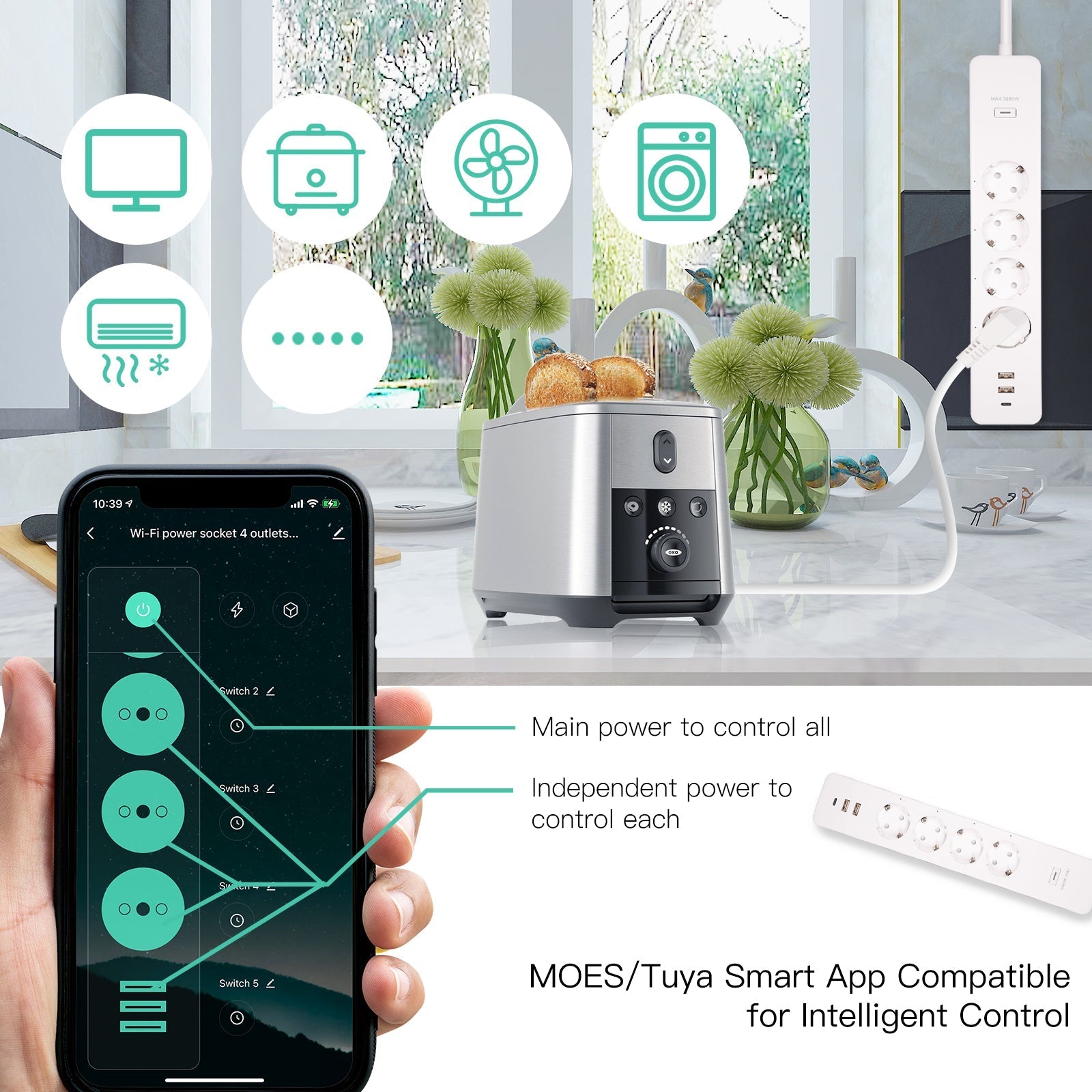 MOES WiFi Tuya Smart Power Strip Surge Protector Electric Power Monitor Socket