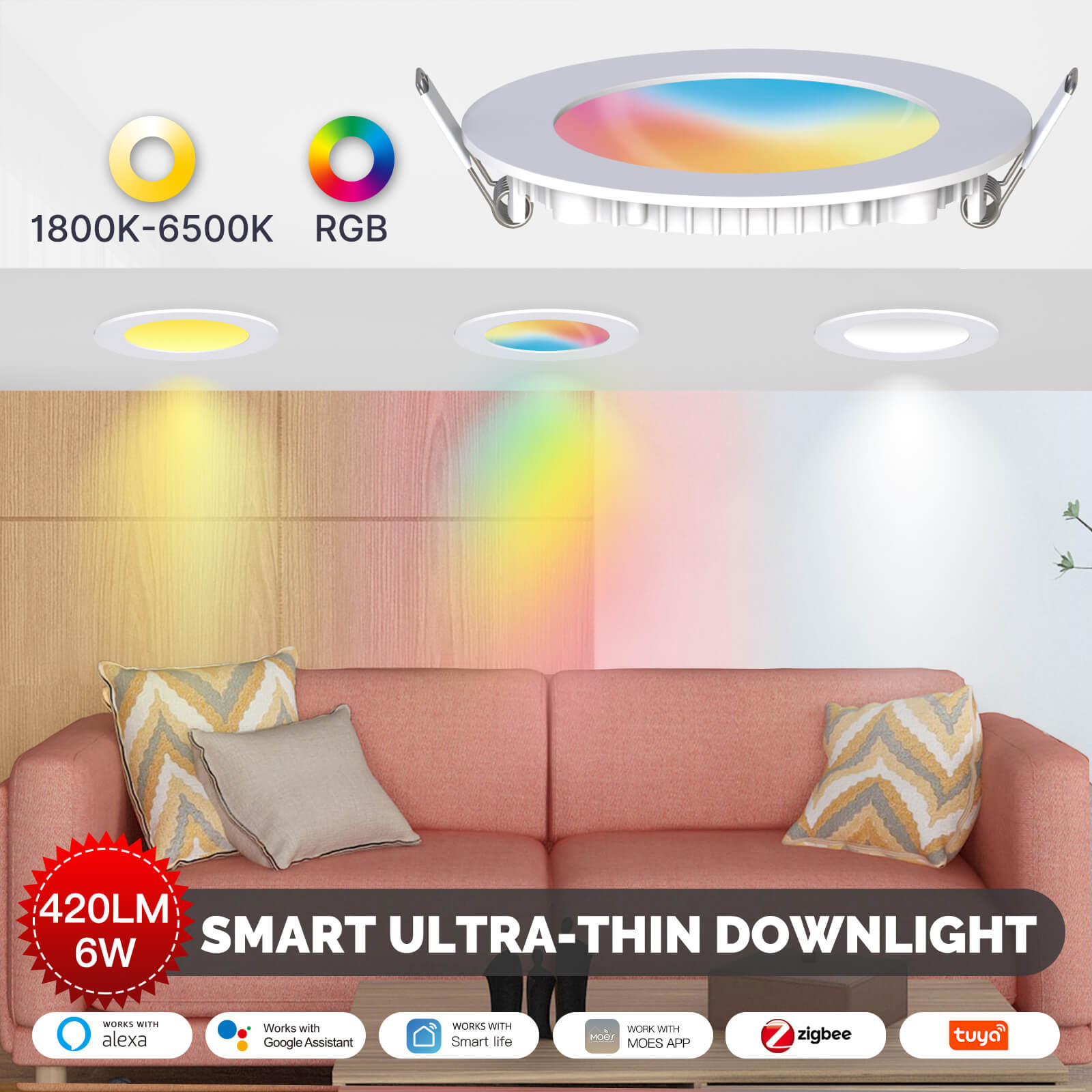 MOES ZigBee Downlight Tuya Dimming Spot lamp 6W RGB Change Warm Cool light