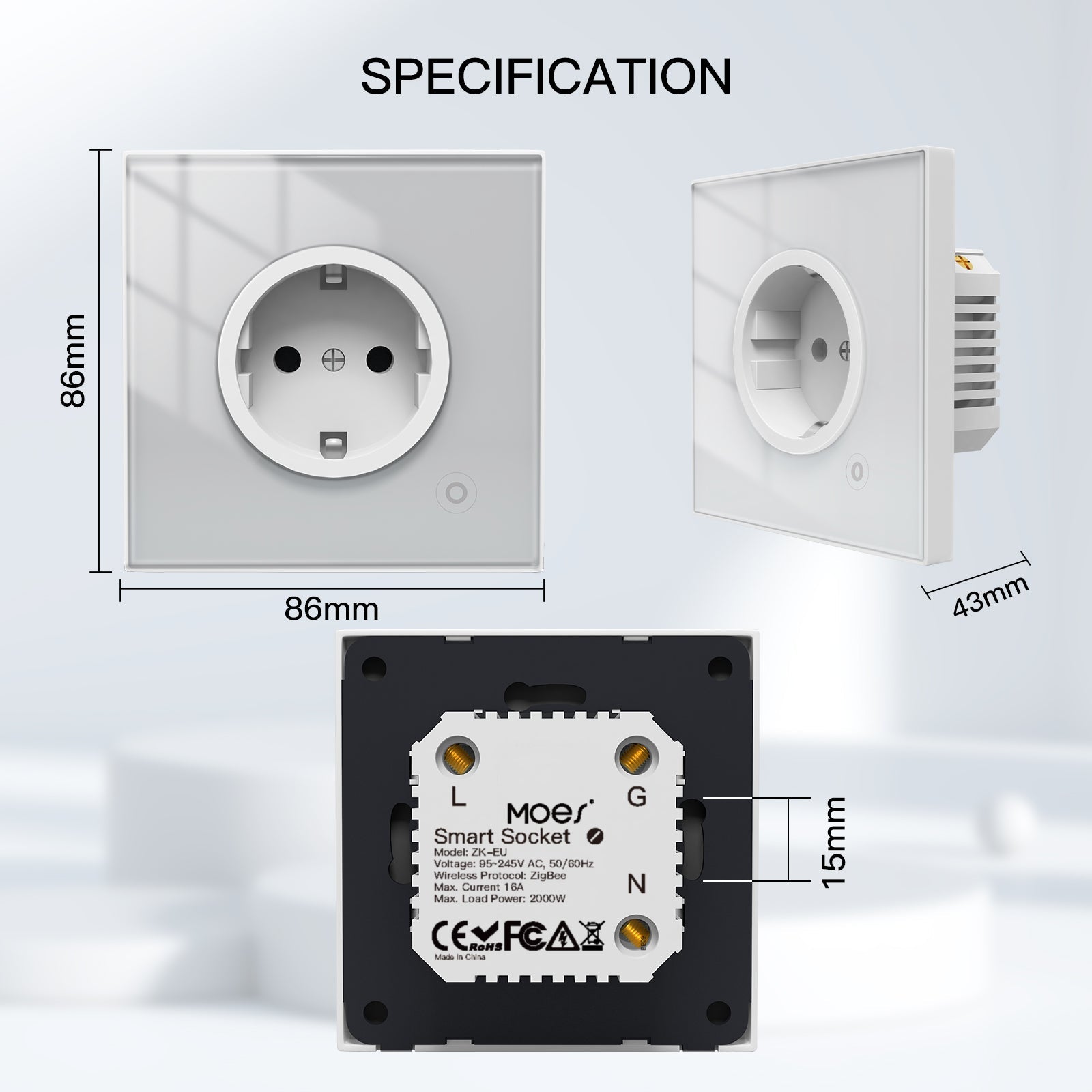 MOES ZigBee Smart Wall Socket Glass Panel Power Monitor Hub Required