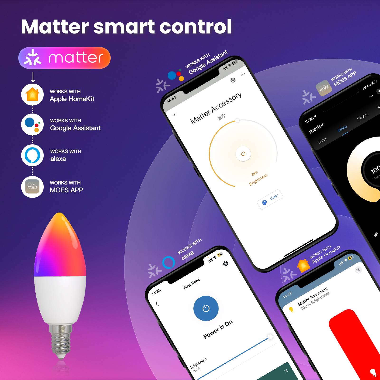 Tuya Matter WiFi Smart LED E14 Dimmable Light Bulbs 2700-6500K+RGB