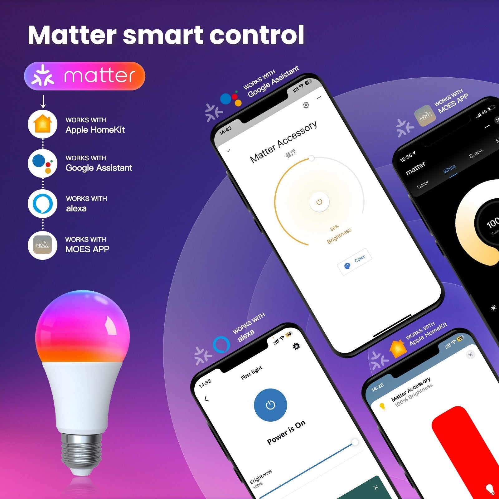 Tuya Matter WiFi Smart LED E27 Dimmable Light Bulbs RGB 2700K-6500K W+C