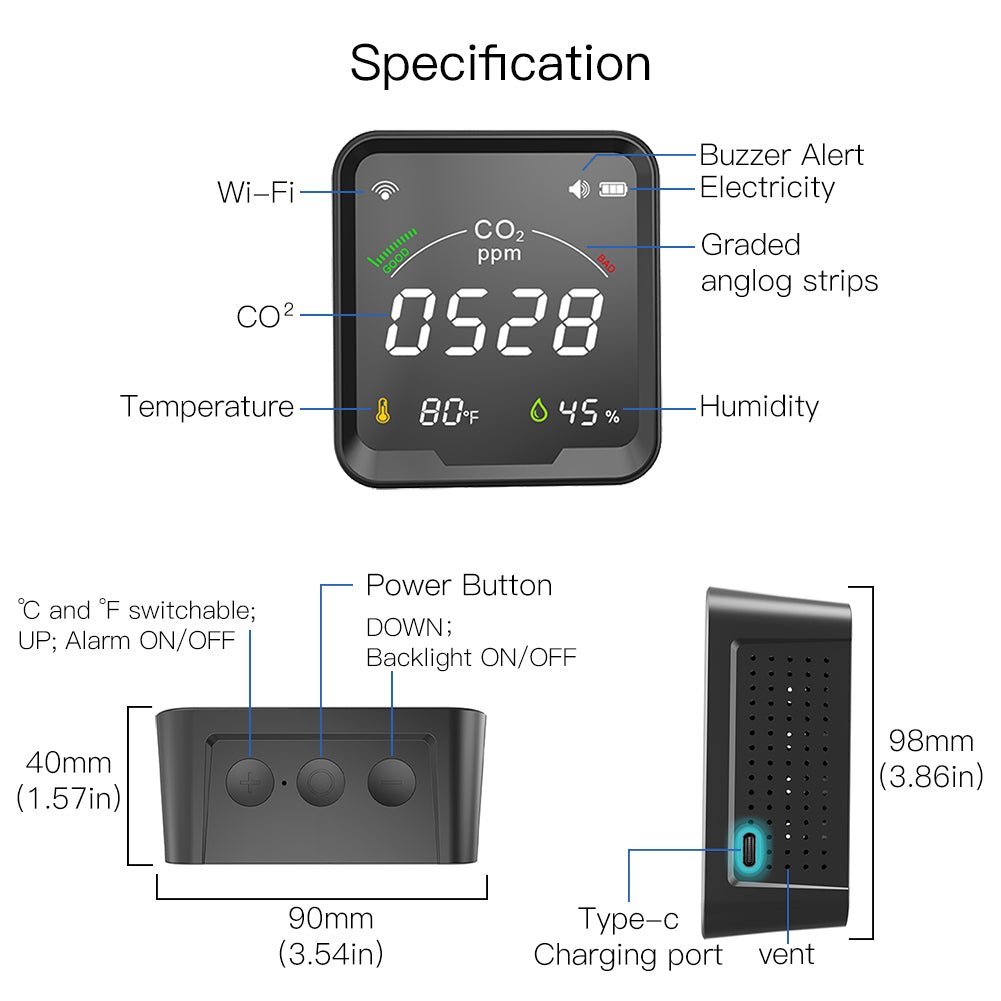 WiFi Smart 3 In 1 Carbon Dioxide Air Quality Monitor Detector Temperature and Humidity Sensor