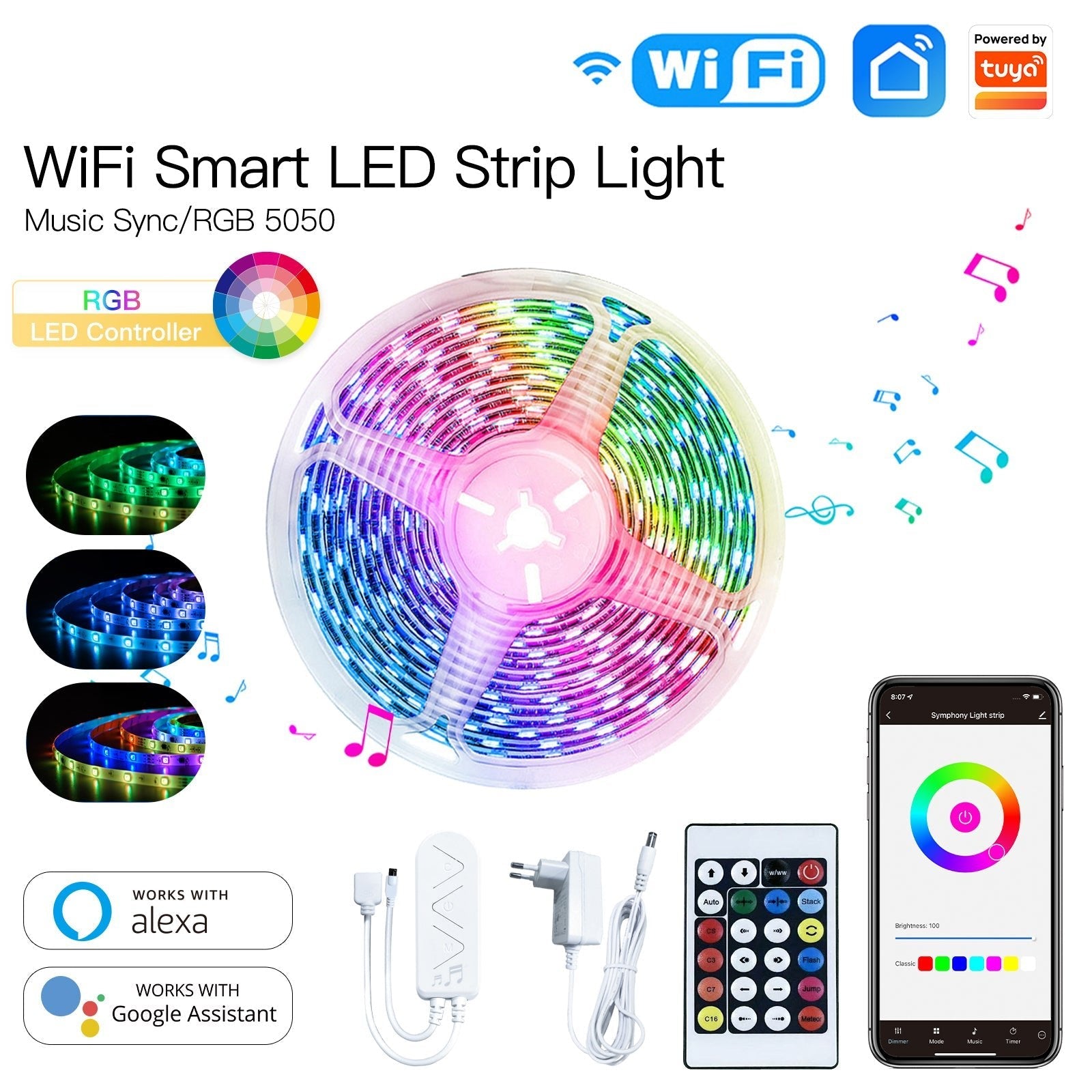 MOES WiFi Smart LED Light Strip RGB Strip Light 5050 Controller Party Music Sync Mic Sound Color Changing LED Strips with Remote