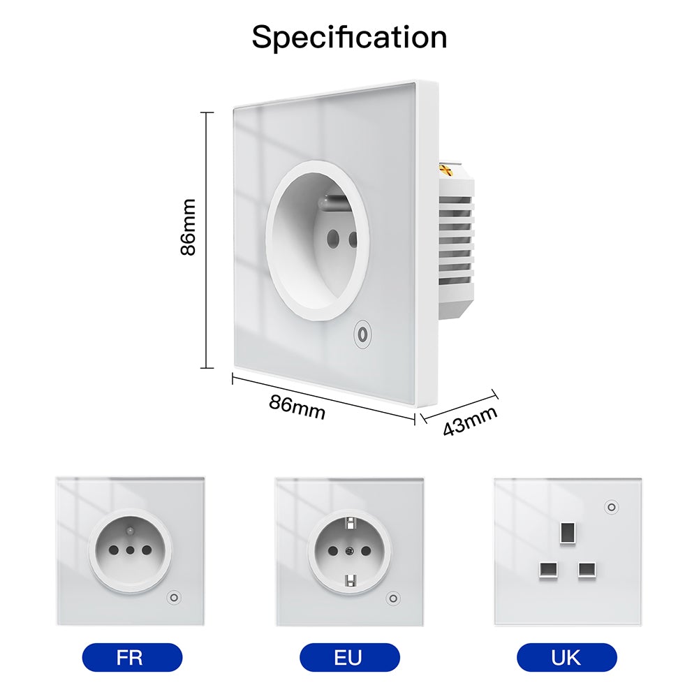 WiFi Smart Wall Socket Glass Panel Outlet Power Monitor Touch Plug Relay Status Light Mode Adjustable EU